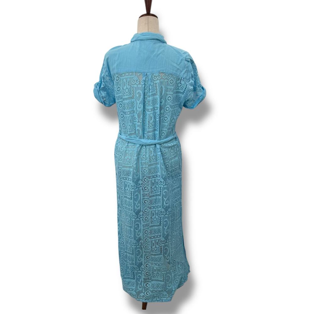 Becca Light Blue Collard Swimsuit Coverup Dress Large Cotton Guaze Lace Sheer - Picture 7 of 12